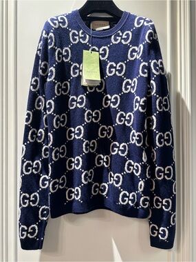 Gucci Navy and White GG Logo Crewneck Sweater